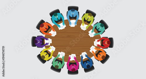 Twelve people, depicted with brightly colored shirts, are seated around a large, circular wooden table with documents in front of them, viewed from a top-down perspective on a light grey background.