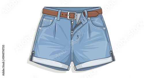Illustration of blue denim shorts with a brown belt and unzipped fly.