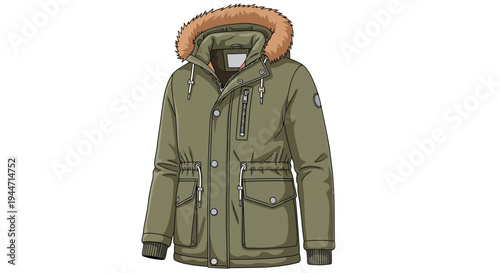 Stylish khaki green winter parka jacket with faux fur hood.