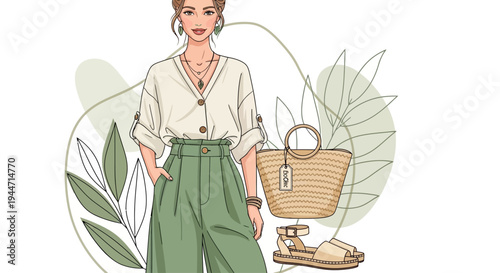 Stylish woman in eco chic summer fashion illustration.