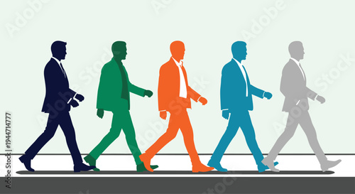 Five distinct male silhouettes, each wearing a suit in a different solid color, are depicted walking in a single file line from left to right across a light grey surface.