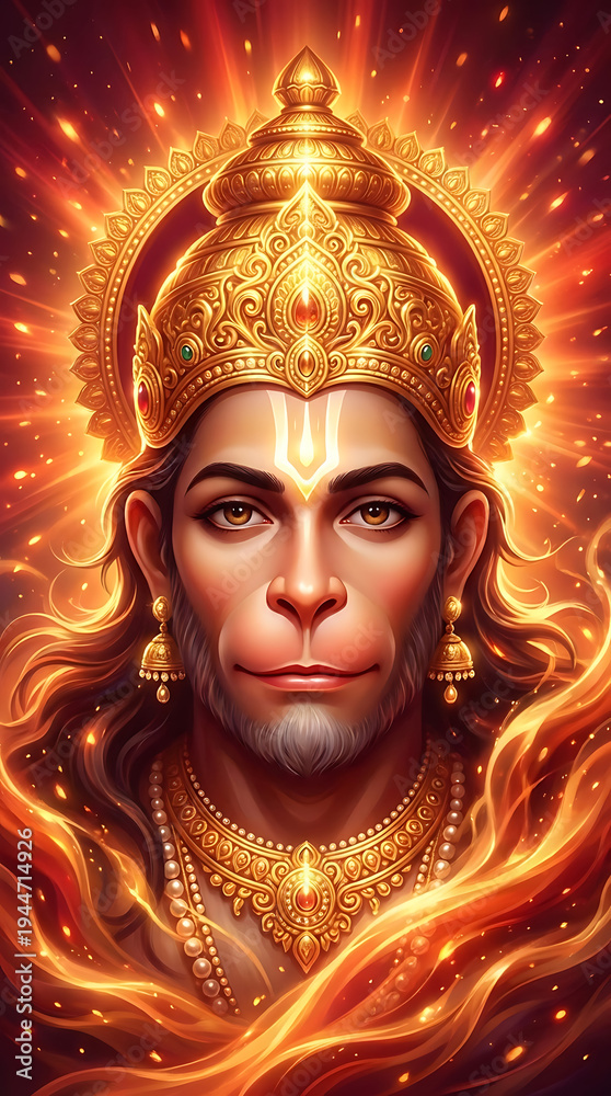 Obraz premium Lord hanuman fire element portrait for hanuman jayanti powerful celebration including hanuman chalisa stotra and intense hanuman puja rituals for high energy and divine spiritual heat