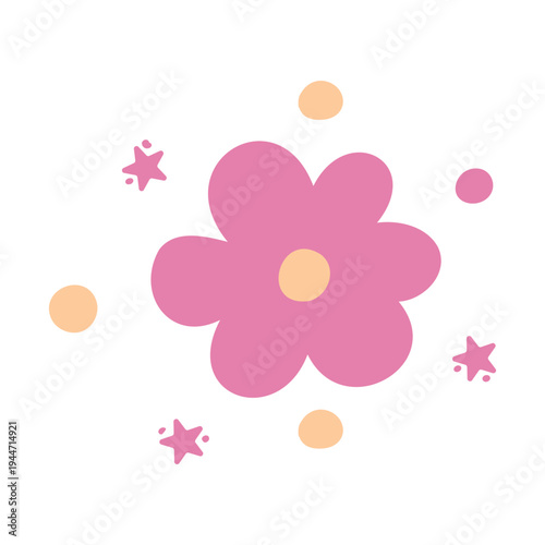 Simple doodle of a cute pink flower with stars and dots. Flat vector illustration.