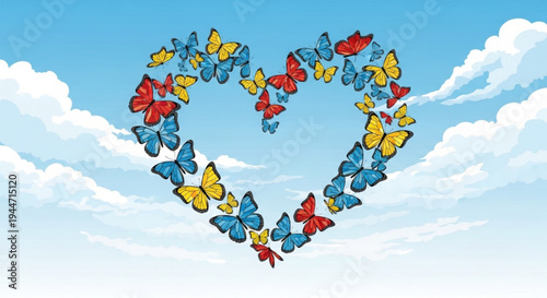 Colorful butterflies forming heart shape on transparent background with clouds
