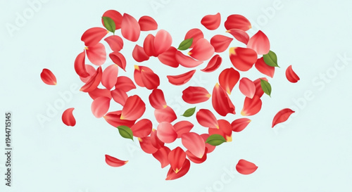 Heart shape formed by scattered red rose petals on transparent background