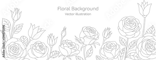 Rose floral seamless border vector, luxury line art roses and leaves forming elegant vintage bouquet frame for wedding invitation and spring card design.