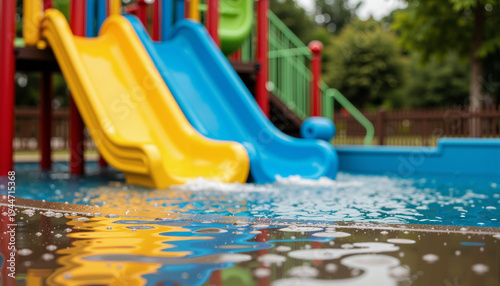 Wallpaper Mural Colorful playground slides with pooled rainwater in summer park   Torontodigital.ca