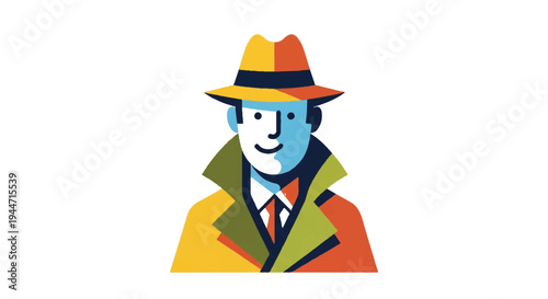 Stylized illustration of a detective in a trench coat and hat on white background
