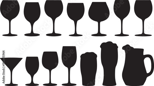 Assortment of beverage glasses and pitchers ideal for drink menus and bar related graphics