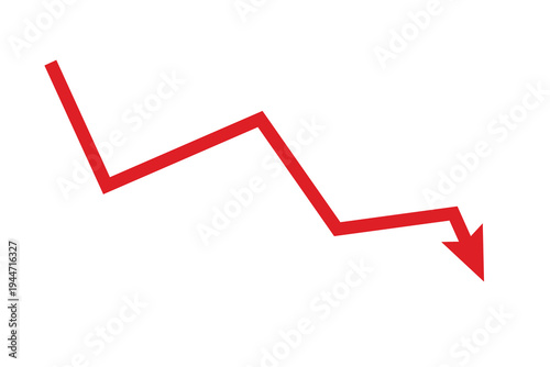 Down arrow stock market crash concept. Red downward arrow with falling financial graph showing share market decline, economic recession and investment loss vector illustration.