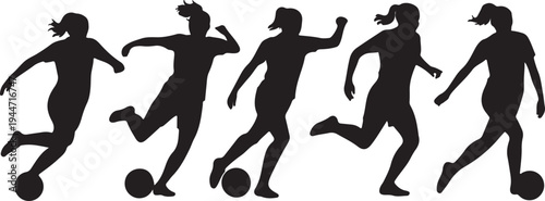 Dynamic female soccer players in action with footballs representing competitive team sports