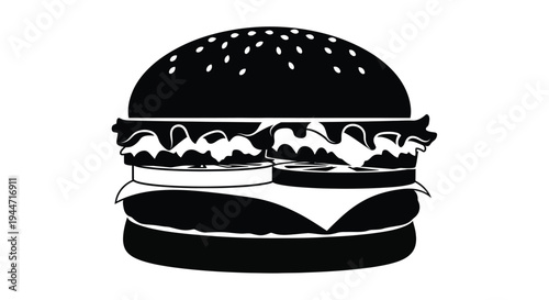 A detailed black silhouette of a classic cheeseburger