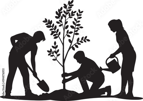 Family Group of People Planting a Young Tree for Environmental Sustainability and Growth