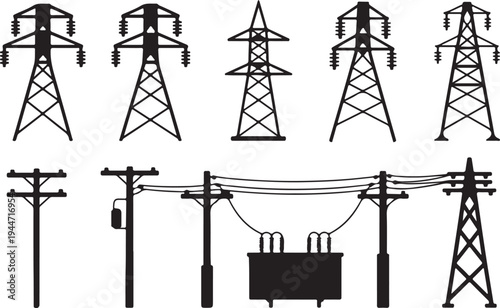 Extensive Collection of Electrical Power Transmission Towers and Utility Poles Network Silhouettes