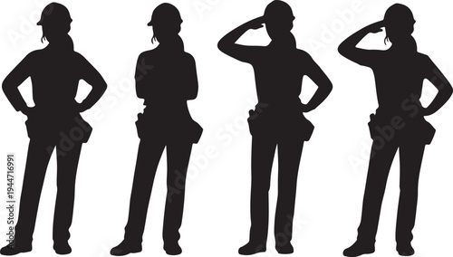Female construction workers wearing hard hats and tool belts in various poses