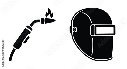 Welding equipment illustration featuring a torch and helmet silhouette