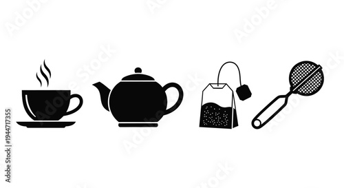 Black silhouettes of tea items cup pot bag and strainer silhouette