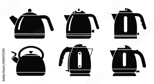 Collection of black electric kettles and stovetop teapot a silhouette