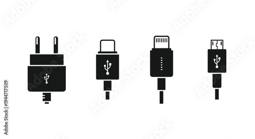 Various mobile phone charging connectors depicted in minimalist silhouette