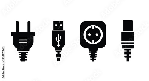 Four different power plug icons displayed in a black silhouette