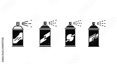 Four spray paint cans displaying evolving designs black silhouette