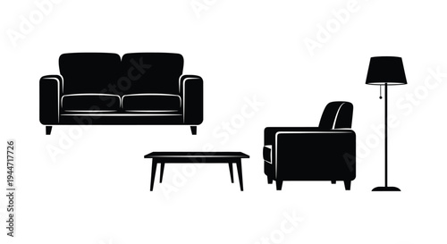 Minimalist living room furniture arrangement in a stark black silhouette