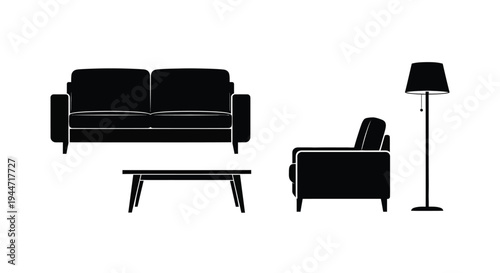 Minimalist living room furniture arrangement in stark black silhouette