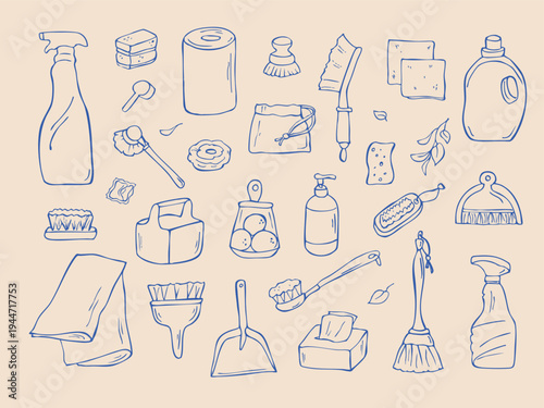 Hand drawn cleaning supplies doodle set