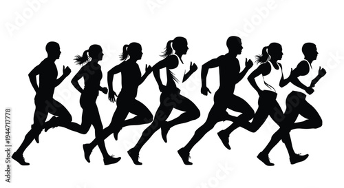 A group of runners in dynamic motion depicted as a silhouette