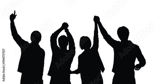 Four people celebrating with arms raised in a dark silhouette