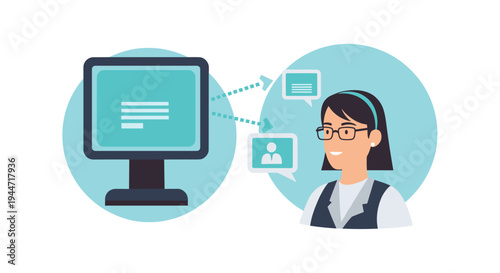A smiling cartoon woman with glasses interacts with a desktop computer monitor, exchanging chat bubbles and a profile icon on a plain white background.