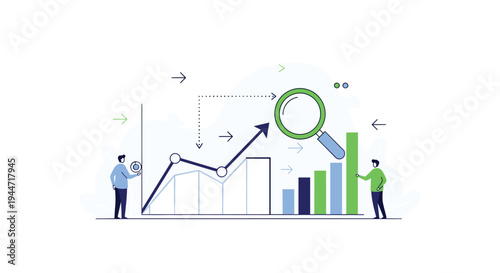 Two small cartoon figures analyze an upward-trending line graph and bar chart with a large magnifying glass on a clean white background.