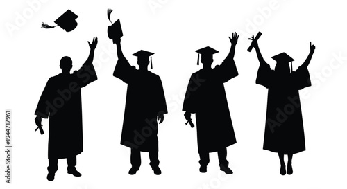 Celebratory graduates toss caps in a joyful graduation silhouette