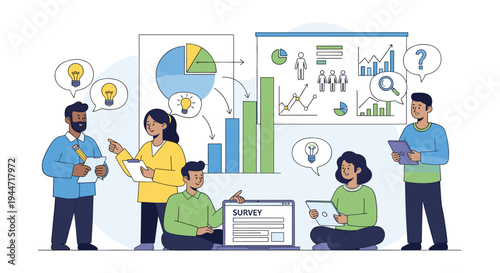 Five cartoon individuals are engaged in a collaborative meeting, discussing data presented on wall charts and a laptop displaying a survey, with thought bubbles floating above their heads.
