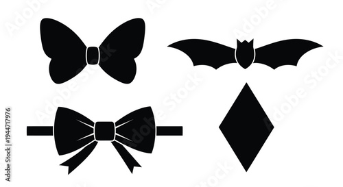 Four black shapes resembling bows and a diamond a stark silhouette