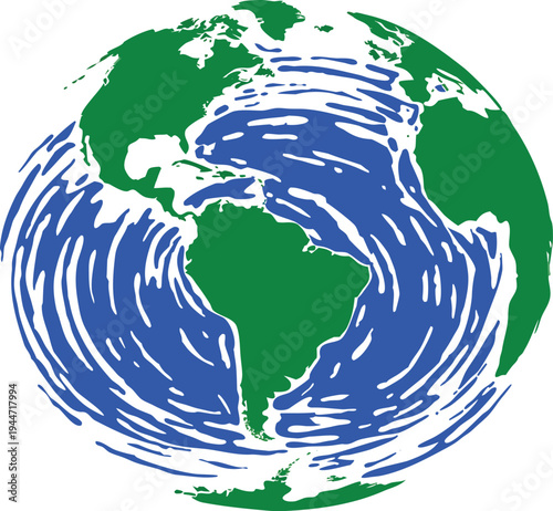 Earth Globe With Swirling Blue Ocean And Green Landmasses globe earth blue ocean swirls