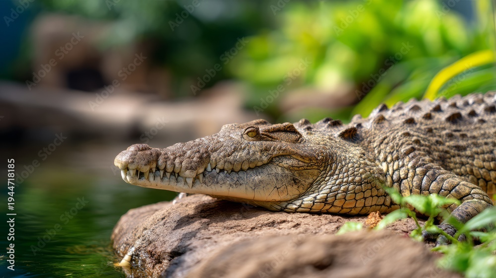 Obraz premium Crocodile Basking in the Hot Sun by a Rough Swamp Area