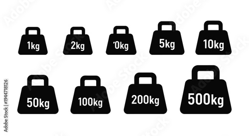 Black silhouettes of weight bags displaying different kilogram measurements