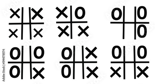 Tic tac toe boards display various game states in black silhouette