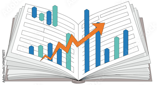 An open book reveals various blue and teal bar charts on its pages, with a bold orange arrow rising diagonally across the center.