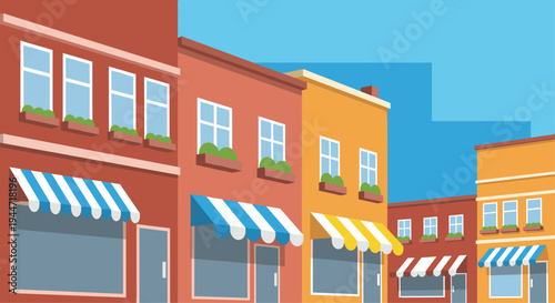 A cheerful row of diverse, colorful storefronts with striped awnings and windows line a street under a bright blue sky.