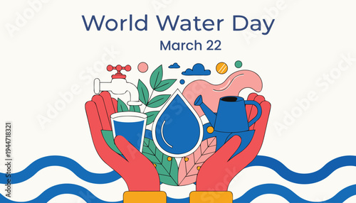 Hands Holding Water Glasses Cup and Watering Can Celebrating Water Day March 22