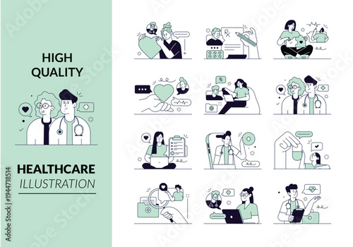 Healthcare illustration set for medical services and telehealth