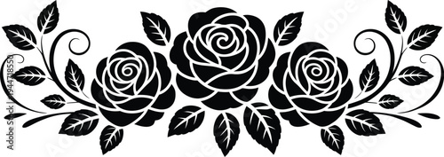 Rose vine border element vector, romantic black floral vine with roses and leaves for decorative border frame and vintage botanical design.