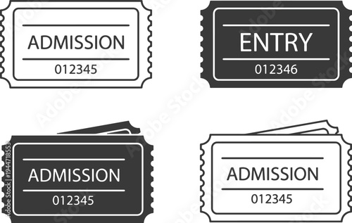 Professional set of four blank admission tickets with unique numbers, ideal for events, concerts, and venues with clean design and clear typography.