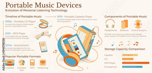 Portable music devices evolution infographic. Timeline from cassette and CD player to MP3 player and smartphone, with components and storage comparison, flat vector illustration.
