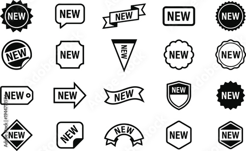 High-quality vector illustration of modern new product launch badges, stickers, and labels in bold black and white for branding and marketing use.