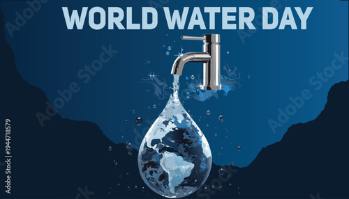Water Day Water Drop Faucet Global Map water conservation blue ocean background