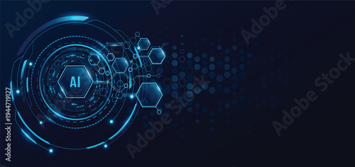 Artificial intelligence technology interface with blue hexagonal grid