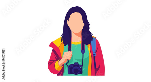 Woman Photographer with Camera, Colorful Jacket, Backpack - Vector Illustration